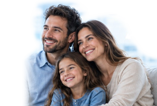 זוג הורים ובתם יושבים יחד ומחייכים